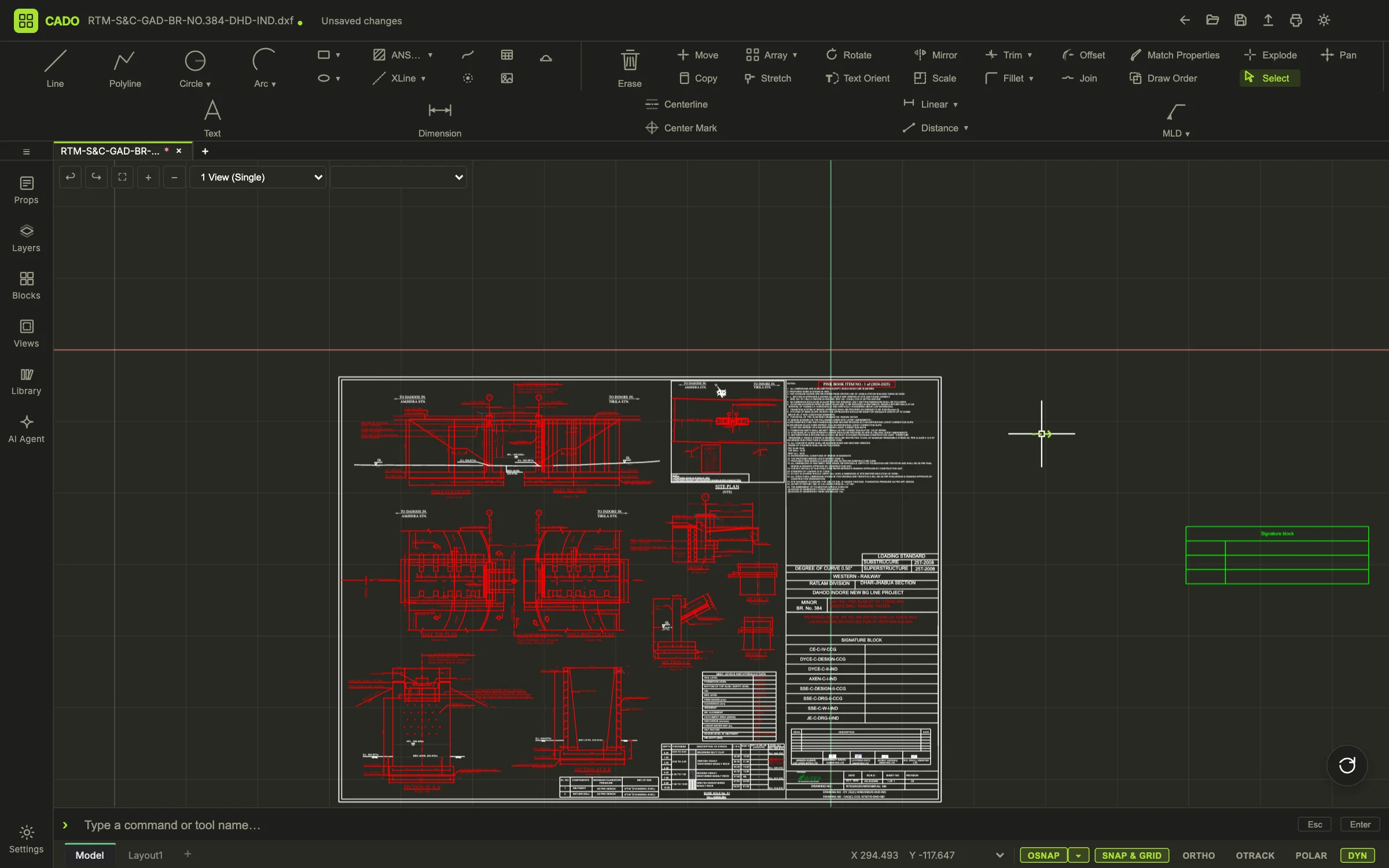 The CADO editor with a bridge general-arrangement drawing open: draw and modify ribbons above, layers and properties rail on the left, command line below.